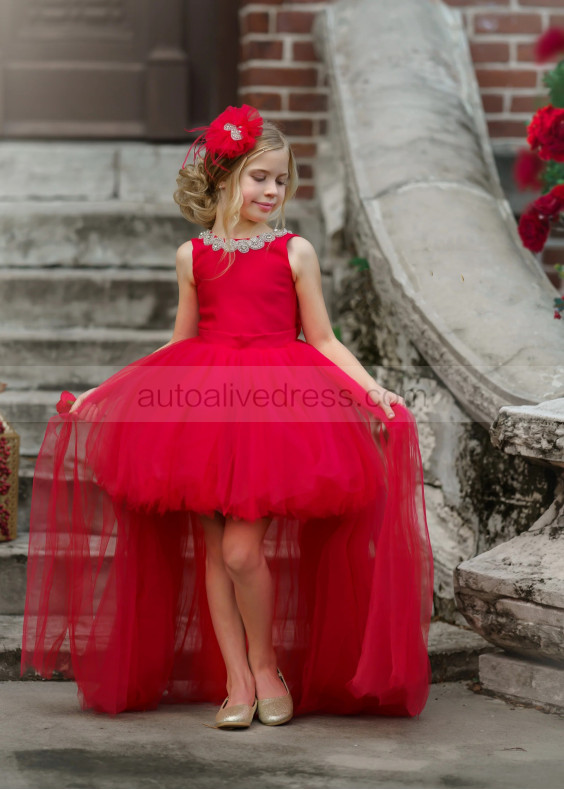 Beaded Red Satin Tulle V Back High Low Flower Girl Dress